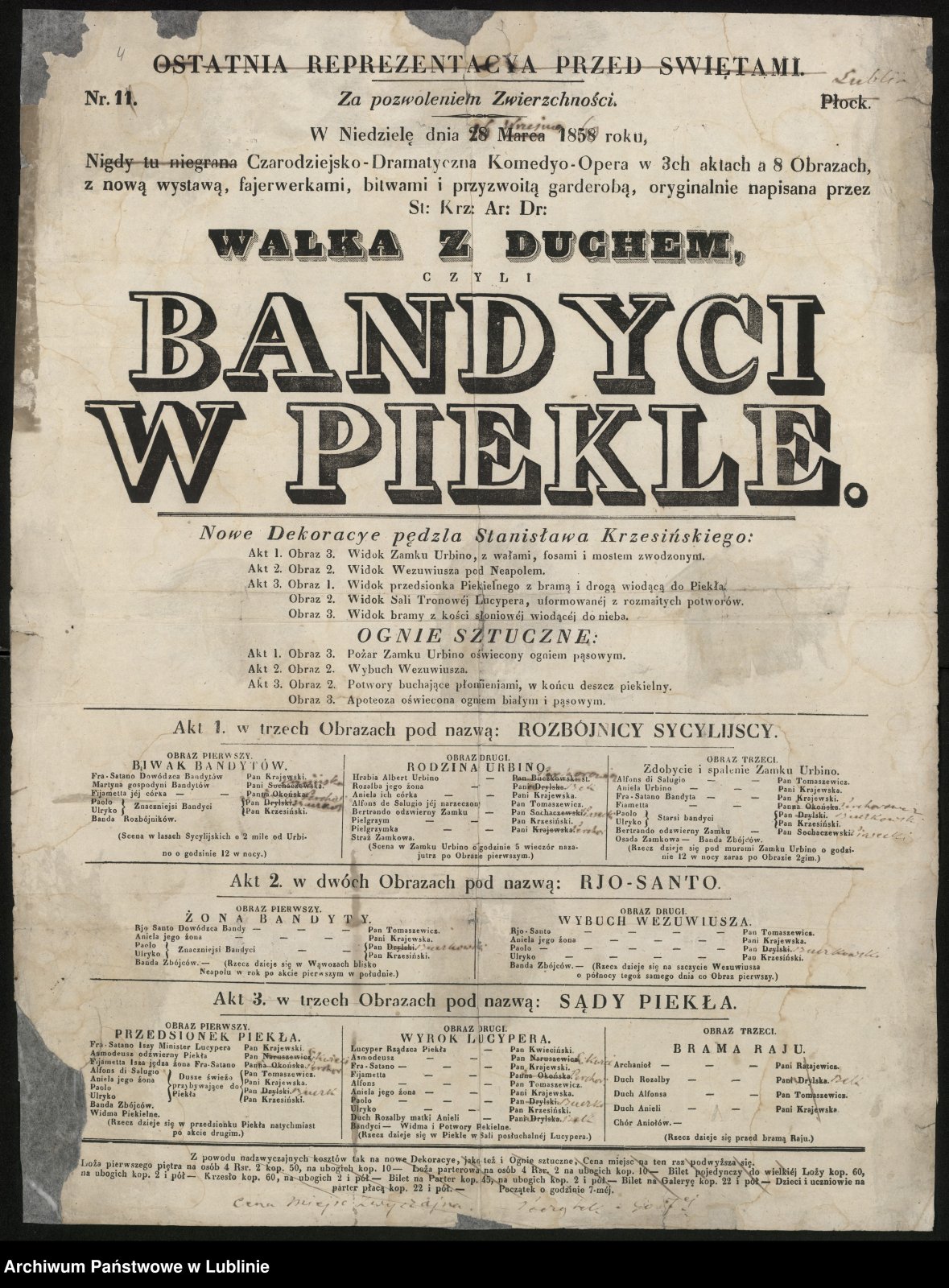 Afisz spektaklu Bandyci w piekle, 1860, zbiory Archiwum Państwowego w Lublinie
