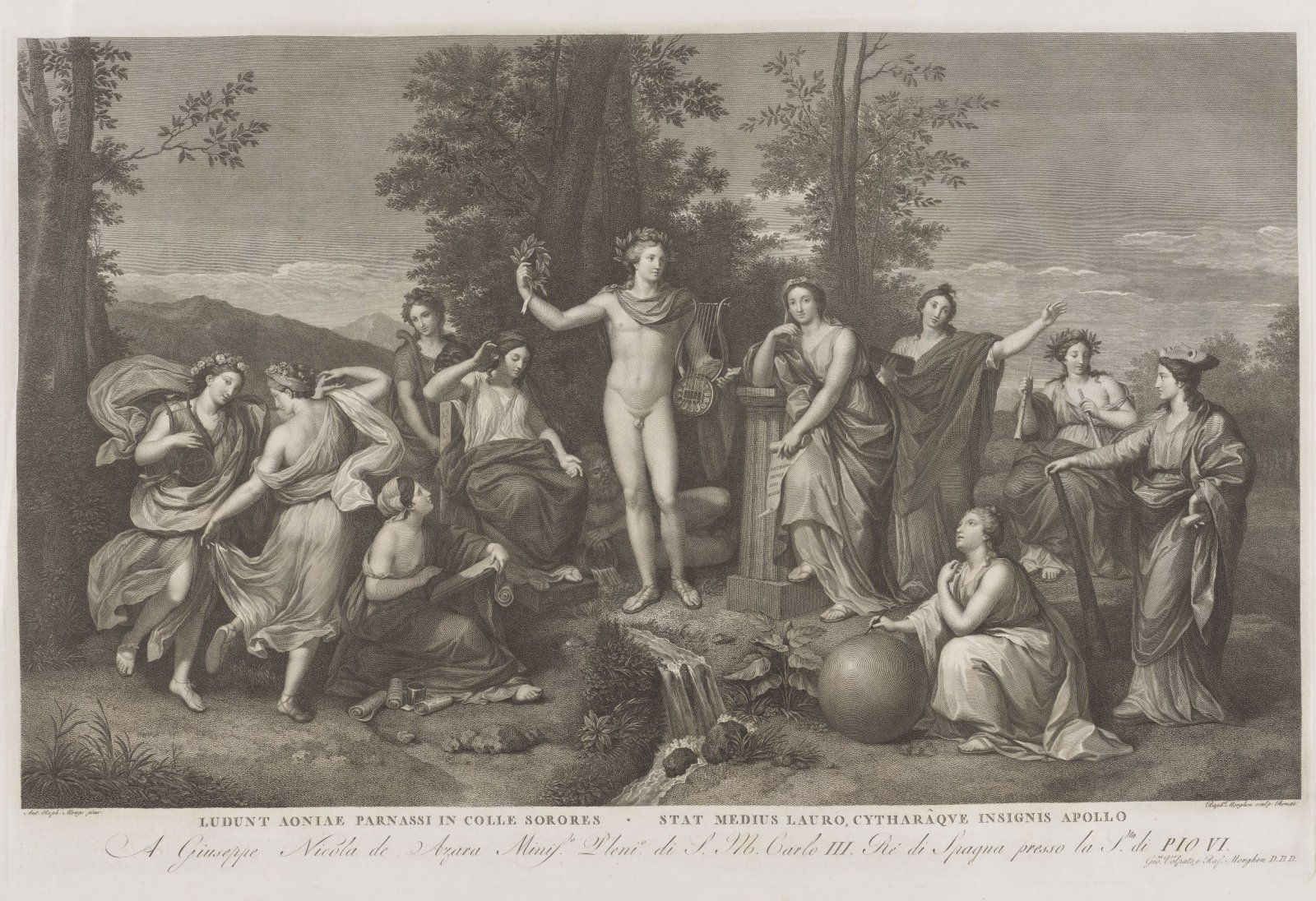 Rafaello Morghen, Apollo i muzy, 1784, grafika jednobarwna, zbiory Biblioteki Narodowej. Polichromia nad łukiem sceny w teatrze Makowskich mogła wyglądać podobnie.