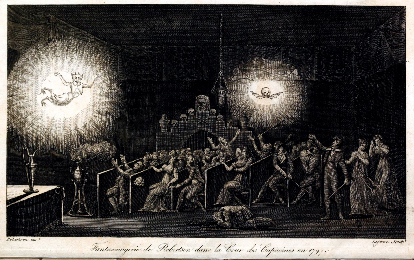 Графіка з книги «Mémoires récréatifs, scientifiques et anecdotiques du physicien-aéronaute» E.Г. Робертсон, Париж 1831. Показує виставу-фантасмагорію відомого ілюзіоніста Етьєна-Гаспара Робертсона.