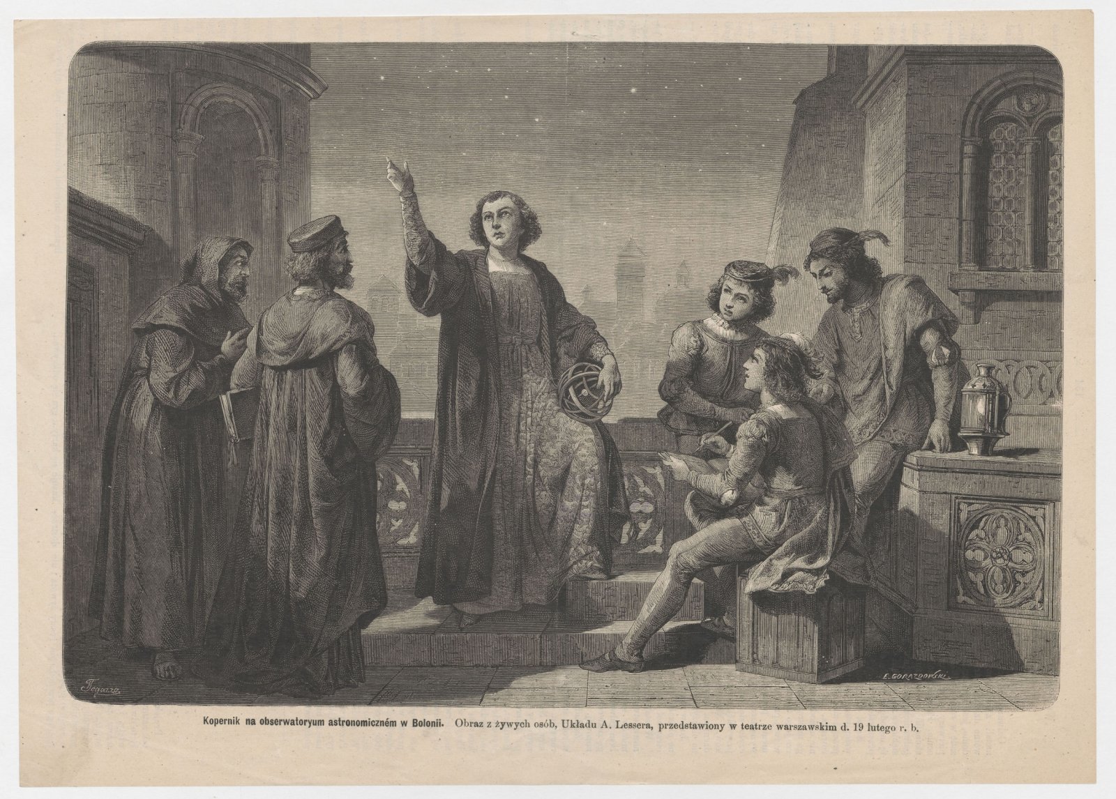 Tableau vivant showing Copernicus in a Bologna observatory. Performed in a Warsaw theatre in 1873.