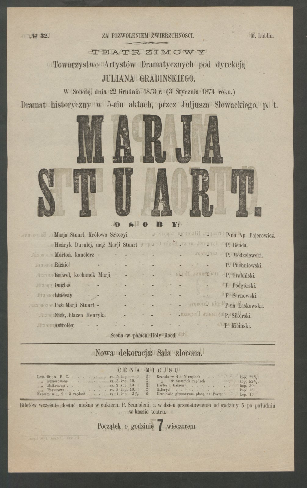 Playbill for the play Marja Stuart [Mary Stuart] performed in the Winter Theatre, or the Makowski Theatre, in 1873, collection of the National Library of Poland.