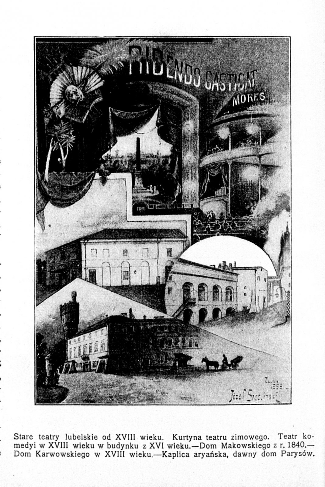 Графіка з газети, на якій показано старі люблінські театри, вгорі видно інтер’єр театру Маковських, а знизу його корпус, «Biesiada Literacka» 1901 р.