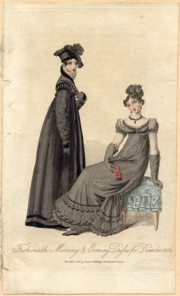 Fashionable dresses: a day gown and an evening gown for December 1818, colour fashion illustration, collection of the National Library of Poland