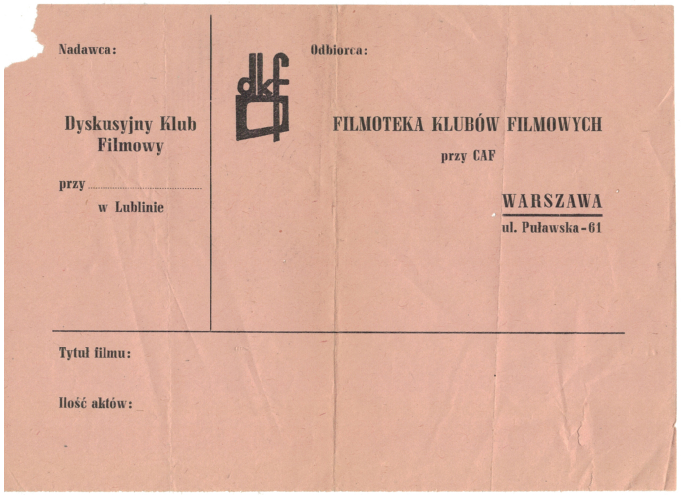 Напис на звороті копії фільму з Люблінського дискусійного кіноклубу до складу Центрального кіноархіву у Варшаві, 60-ті роки ХХ ст., колекція Мацея Гіля.