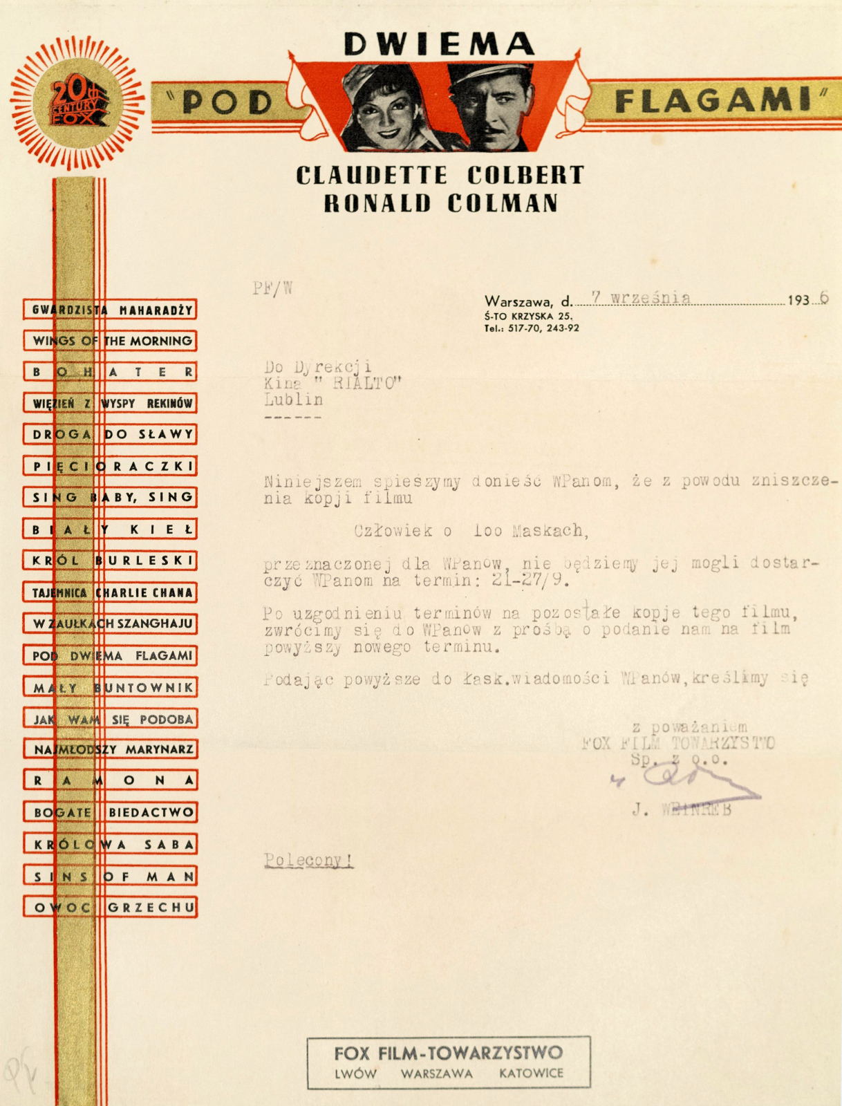 Pismo z 7 września 1936 roku od warszawskiego przedstawiciela wytwórni 20th Century Fox do dyrekcji kina Rialto. Archiwum Mariusza Makowskiego