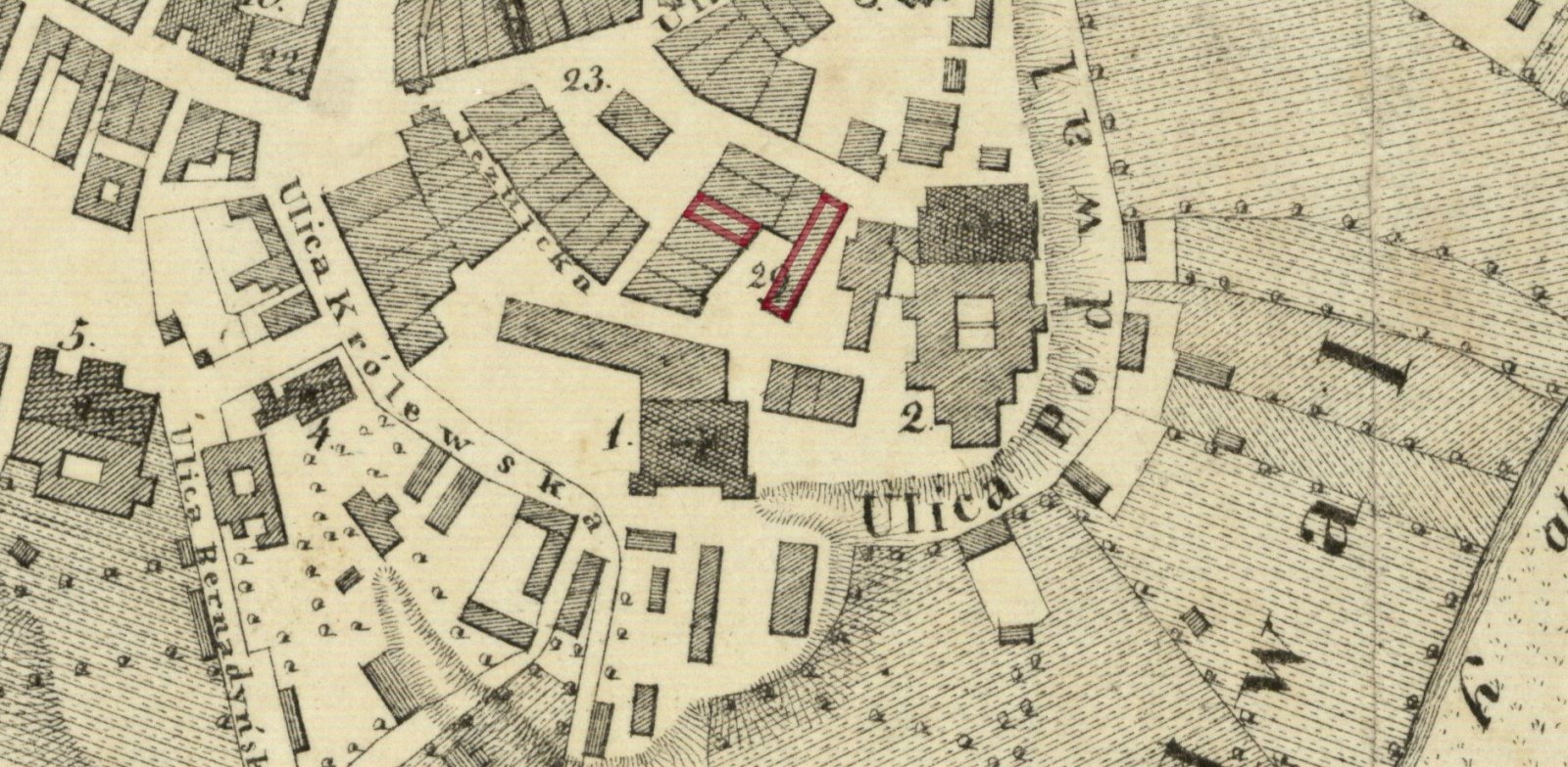A city map of Lublin from 1829 showing townhouses belonging to Łukasz Rodakiewicz: 11 Rynek and 20 Jezuicka, collection of the National Library of Poland.