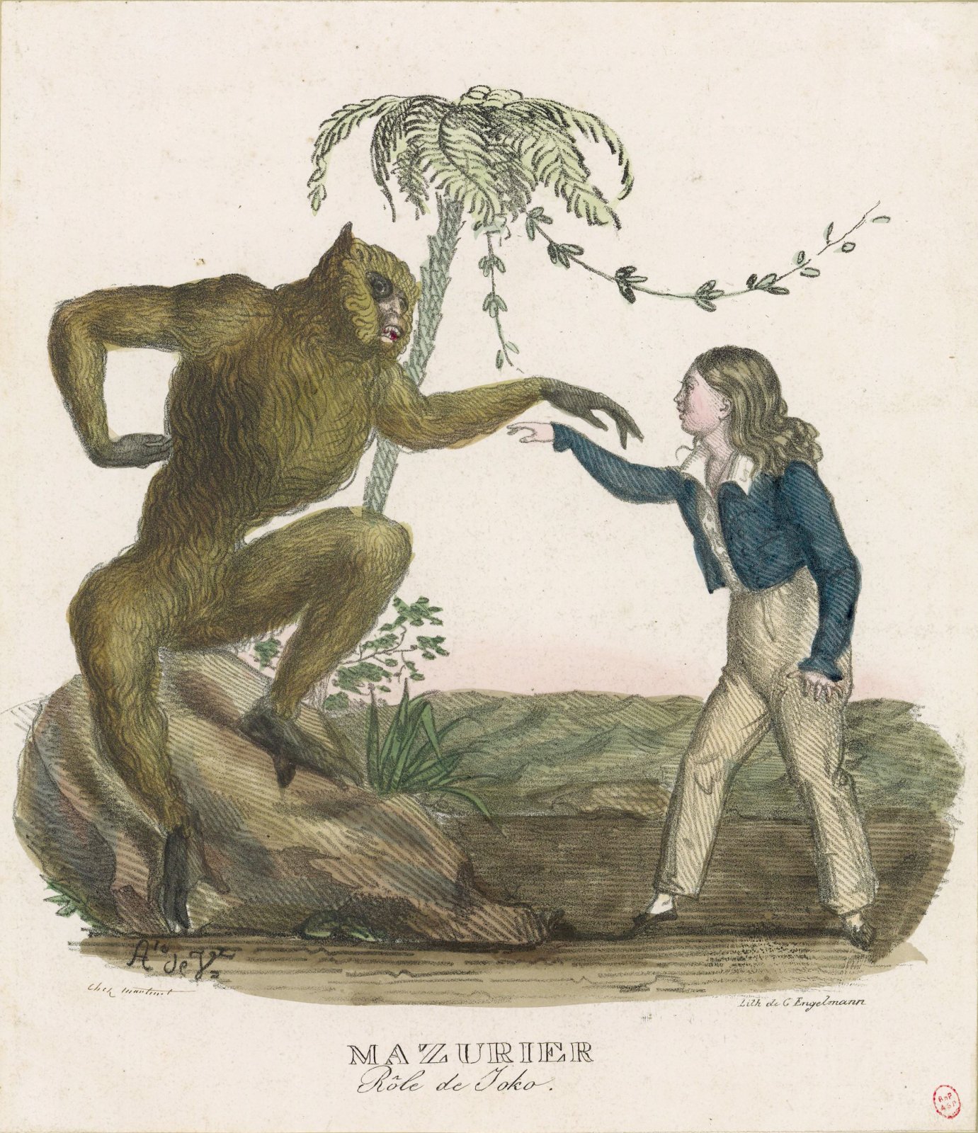 Godefroy Engelmann, Charles François Mazurier jako małpa Żoko (tu z dzieckiem uratowanym z katastrofy okrętu), 1825, litografia barwna, zbiory Bibliothèque nationale de France.