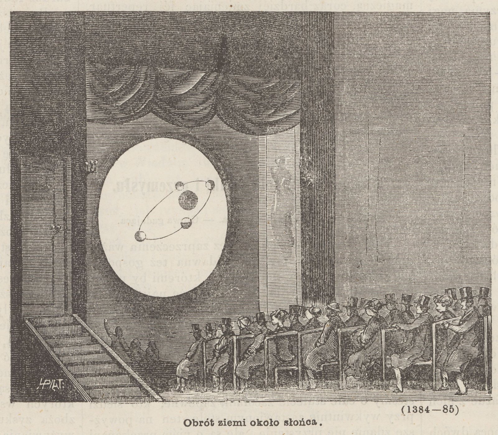 Obrót Ziemi wokół Słońca - pokaz obrazów optycznych pana Krosso, rycina w czasopismie “Kłosy” 1869, nr 231 s. 341.