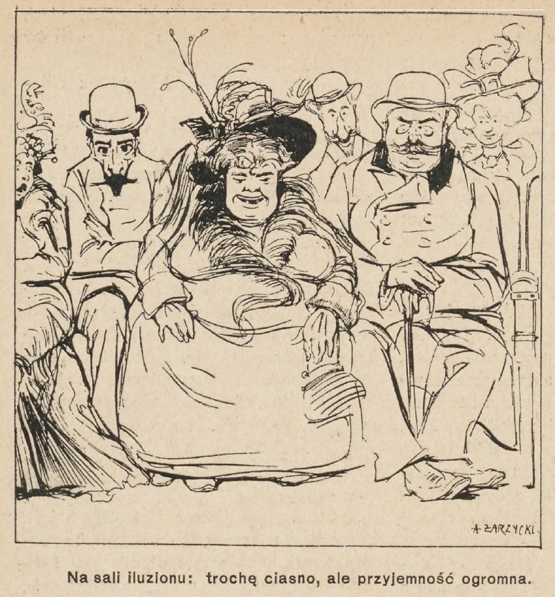 Karykatura A. Zarzyckiego z tygodnika „Świat” z 24 października 1908 roku. Podpis pod obrazkiem: “Na sali iluzjonu [dawna nazwa kina]: trochę ciasno, ale przyjemność ogromna”.