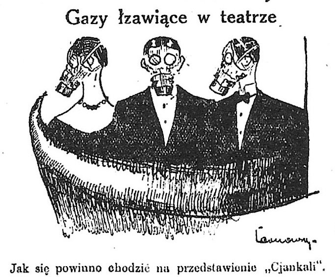 Rysunek satyryczny komentujący wydarzenia wokół spektaklu Cjankali; tytuł: “Gazy łzawiące w teatrze”, podpis: “Jak sie powinno chodzi na przedstawienie Cjankali”, “Głos Poranny” 1930, nr 25, s. 10.