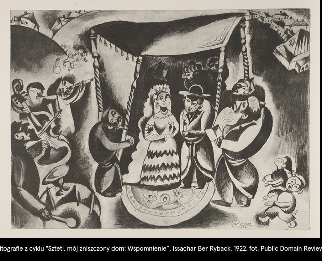 Issachar Ber Rybak, scena żydowskiego ślubu z albumu Sztetl, mój zniszczony dom wspomnienie, 1922, litografia czarno-biała, zbiory Yale University Library.